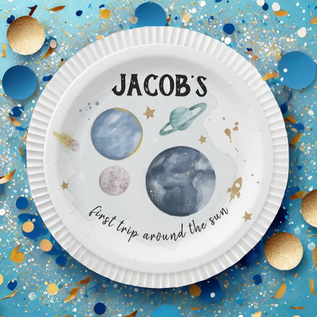 Outer Space Planets Galaxy Gold Blue Boy Birthday Paper Plate (Creator Uploaded)