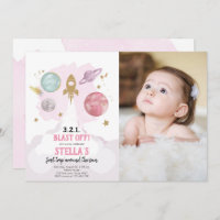 Outer Space Planets Girl First Birthday Invitation
