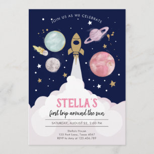 Outer Space Planets Girl First Birthday Invitation