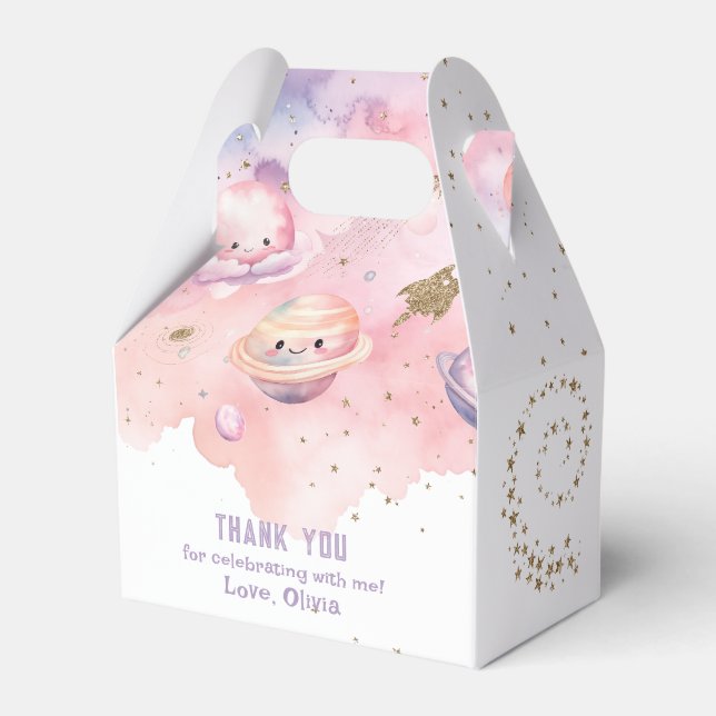 Outer Space planets Pink girl birthday Favour Box (Front Side)