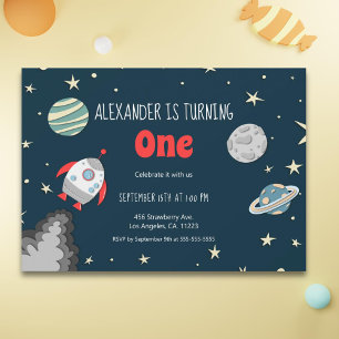 Outer Space Planets Rocket First Birthday Invitation