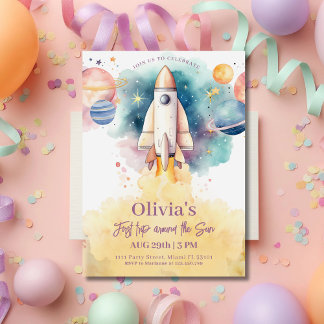 Outer Space Planets Rocket Girl First Birthday Invitation