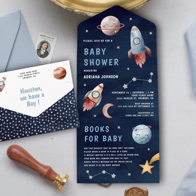 Outer Space Planets Rocket Navy Blue Baby Shower All In One Invitation (Creator Uploaded)