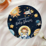 Outer Space Planets Rocket Navy Blue  Baby Shower Paper Plate<br><div class="desc">Set the table for a celestial celebration with our Space Outer Baby Shower Navy Paper Plates! These decorative yet sturdy plates are perfect for serving snacks, meals, or desserts at your baby shower while keeping cleanup easy and stress-free. Features: Cosmic Design: A navy-blue backdrop featuring sparkling stars, whimsical planets, and...</div>