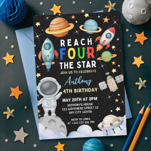 Outer Space Reach Four The Stars 4th Birthday  Invitation