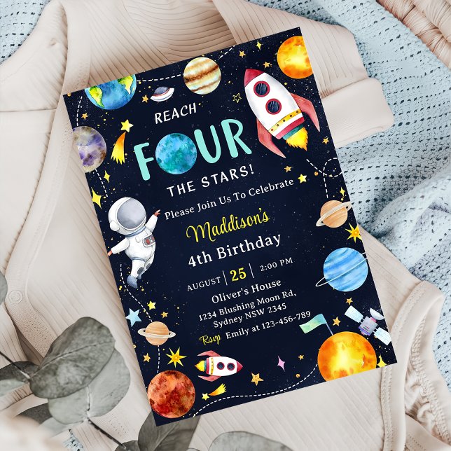 Outer Space Reach FOUR the Stars 4th Birthday Moon Invitation (Creator Uploaded)
