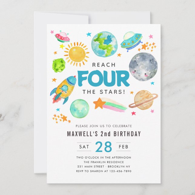 Outer Space Reach FOUR the Stars 4th Birthday Moon Invitation (Front)
