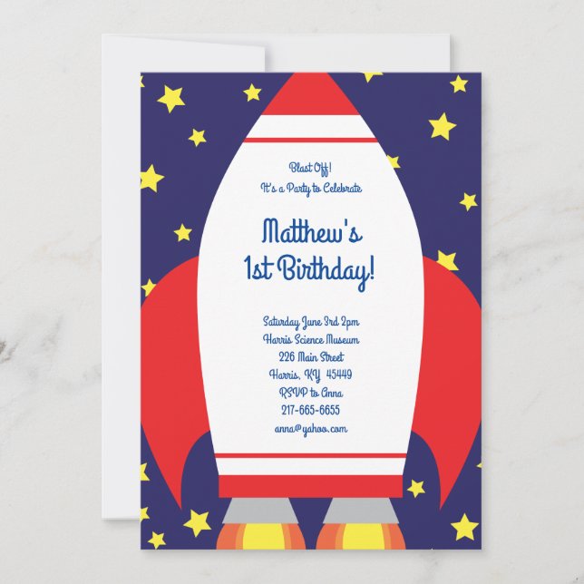 Outer Space Rocket 1st Birthday Cute Invitations (Front)