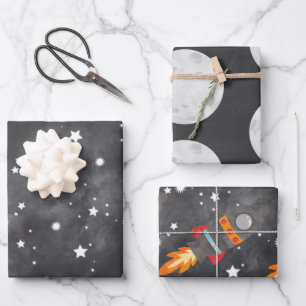 Outer Space Rocket Birthday Wrapping Paper Sheets