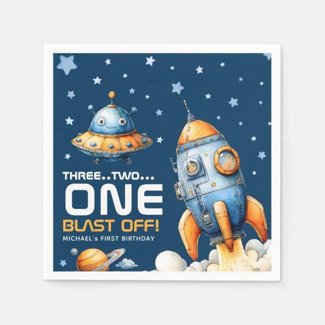 Outer Space Rocket Launch Blast Off 1st Birthday Napkin (Front)