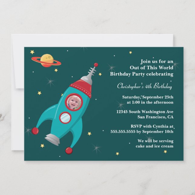 Outer space rocket photo birthday party invitation (Front)