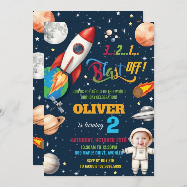 Outer Space Rocket Planet Astronaut Birthday Photo Invitation (Front/Back)