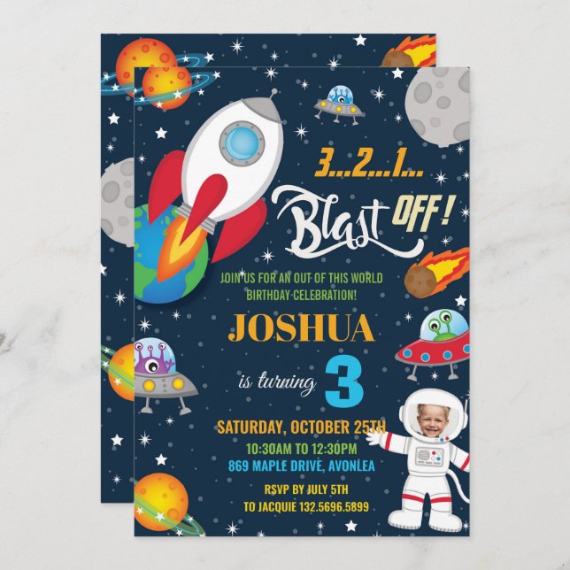 Outer Space Rocket Planet Astronaut Birthday Photo Invitation (Front/Back)