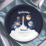 Outer Space Rocket Planets Galaxy Paper Plate<br><div class="desc">Outer Space Rocket Planets Galaxy - Whimsical watercolors and modern typography complement the design. Personalize with your details easily and quickly,  press the customize it button to further re-arrange,  and format the style and placement of the text.
Matching items in our shop.</div>