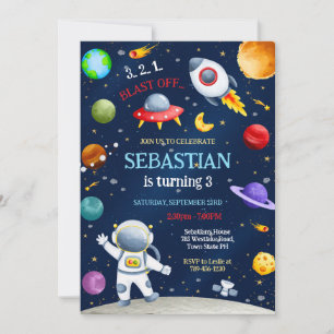 Outer Space Rocket Ship Astronaut Galaxy Birthday  Invitation
