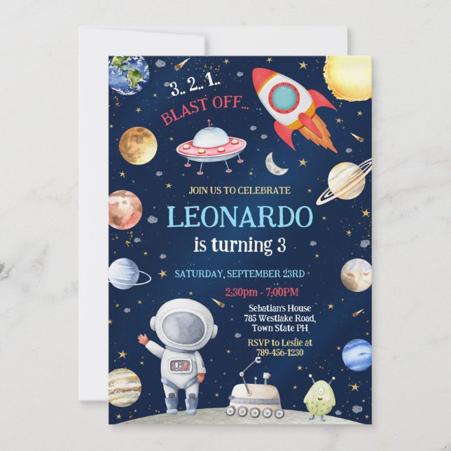 Outer Space Rocket Ship Astronaut Galaxy Birthday  Invitation (Front)