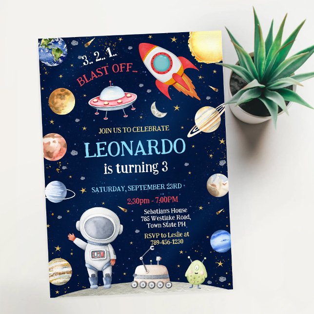 Outer Space Rocket Ship Astronaut Galaxy Birthday  Invitation (Creator Uploaded)