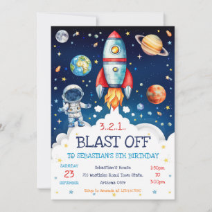 Outer Space Rocket Ship Astronaut Galaxy Birthday  Invitation