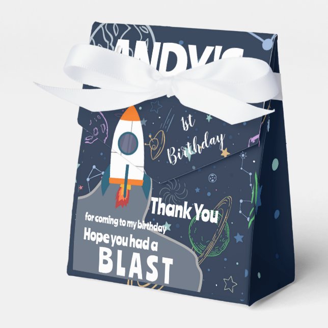 Outer Space Rocket Ship Birthday Party Thank You Favour Box (Front Side)