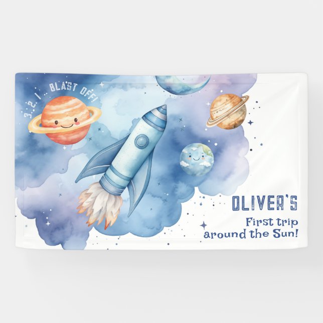Outer space Rocket ship Boy birthday party Banner (Horizontal)