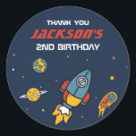 Outer Space Rocket Ship Kids Birthday Party Classic Round Sticker<br><div class="desc">Cute party favours for kids,  boys or girls who love outer space,  astronomy,  planets,  rocket and outer space. Perfect for kids birthday party,  party favours and thank you label. You can also customise the text for baby shower or other occasion and party.</div>