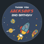 Outer Space Rocket Ship Kids Birthday Party Classic Round Sticker<br><div class="desc">Cute party favours for kids,  boys or girls who love outer space,  astronomy,  planets,  rocket and outer space. Perfect for kids birthday party,  party favours and thank you label. You can also customise the text for baby shower or other occasion and party.</div>