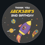 Outer Space Rocket Ship Kids Birthday Party Classic Round Sticker<br><div class="desc">Cute party favours for kids,  boys or girls who love outer space,  astronomy,  planets,  rocket and outer space. Perfect for kids birthday party,  party favours and thank you label. You can also customise the text for baby shower or other occasion and party.</div>