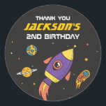 Outer Space Rocket Ship Kids Birthday Party Classic Round Sticker<br><div class="desc">Cute party favours for kids,  boys or girls who love outer space,  astronomy,  planets,  rocket and outer space. Perfect for kids birthday party,  party favours and thank you label. You can also customise the text for baby shower or other occasion and party.</div>