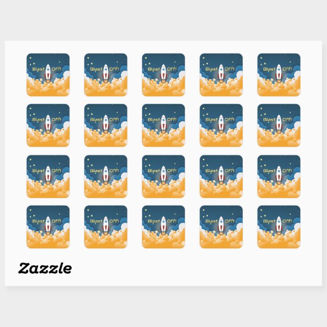 Outer Space Rocket Ship Personalised Name Square Sticker (Sheet)