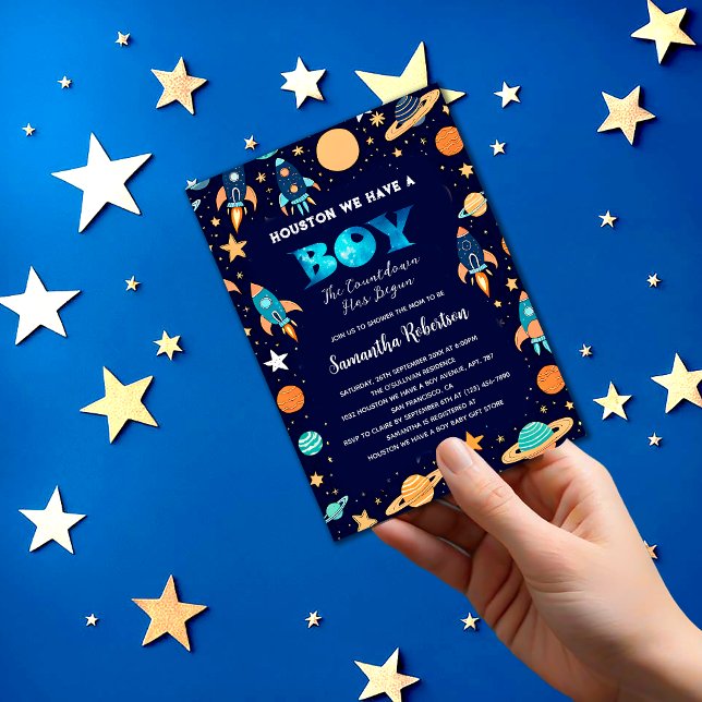 Outer Space Rockets Planets Navy Blue Baby Shower  Invitation (Creator Uploaded)