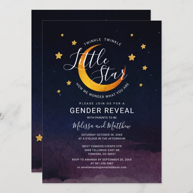 Outer Space Stars and Moon Gender Reveal Invitation (Front/Back)