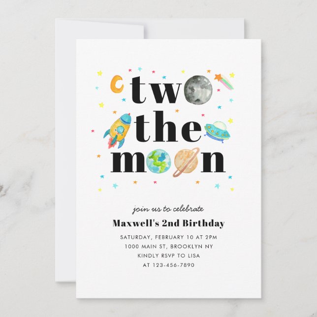 Outer Space Stars Planet TWO the Moon 2nd Birthday Invitation (Front)