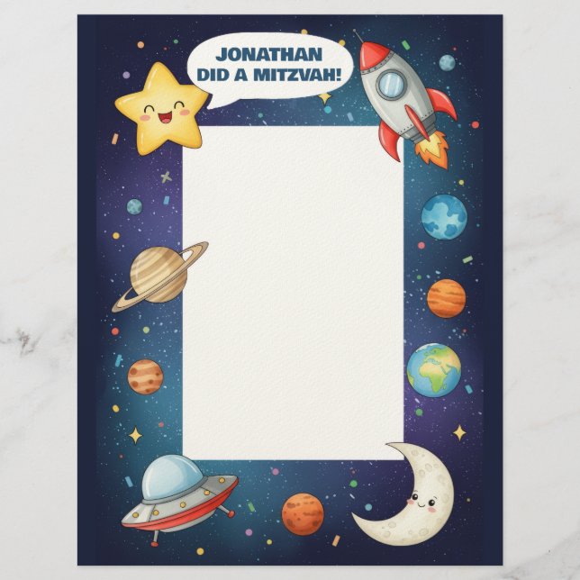 Outer Space Theme Custom Name Mitzvah Note Custom Letterhead (Front)