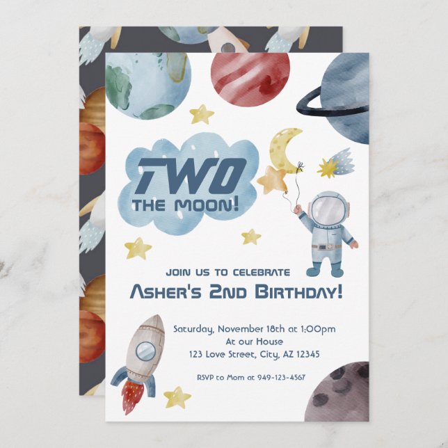 Outer Space Two the Moon 2nd Birthday Invitation (Front/Back)