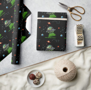 Outer Space UFO Green Alien Planets Stars Birthday Wrapping Paper