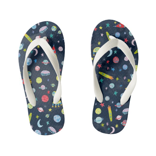 Outer Space Universe UFO PLanet Watercolor Pattern Kid's Jandals (Footbed)