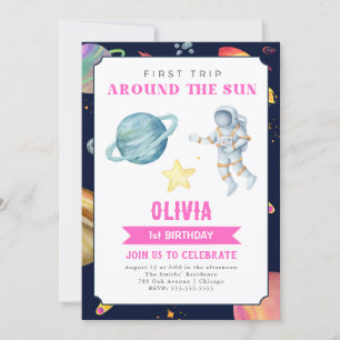 Outer Space Watercolor 1st Birthday Girls Invitation