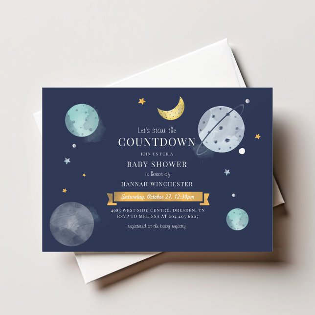 Outer Space Watercolor Galaxy Baby Shower Card (Outer Space Navy Blue Mini Baby Shower Invitation)