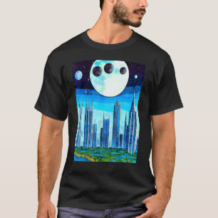 Outer Space World Many Moons Dark Night Skyscraper T-Shirt