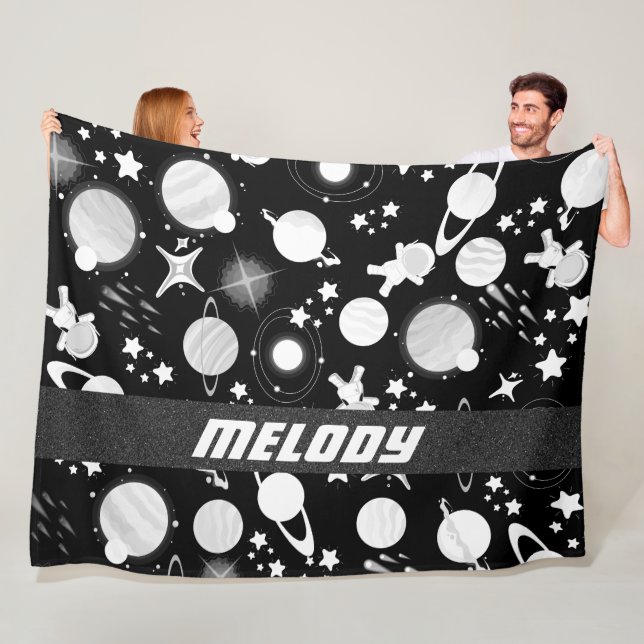 outerspace planet galaxy moon and stars pattern fleece blanket (In Situ)