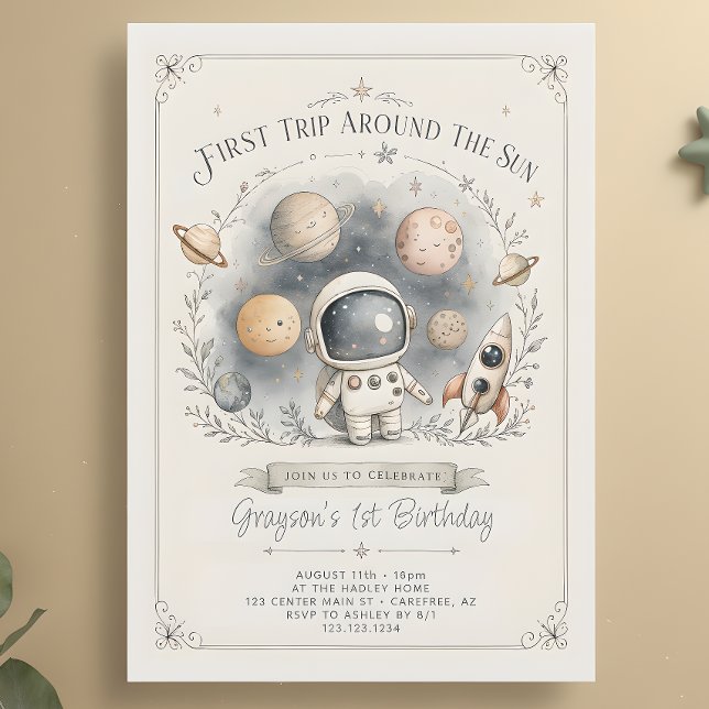Outerspace Planets 1st Birthday Watercolor Invitation (Creator Uploaded)