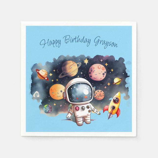 Outerspace Planets Blue Birthday Napkin (Front)