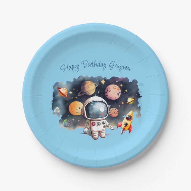 Outerspace Planets Blue Birthday Paper Plate (Front)