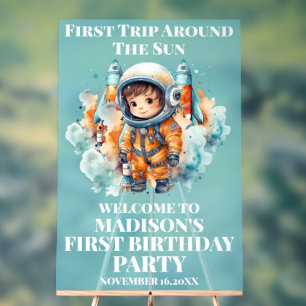 Outerspace Planets Blue Boy First Birthday Welcome Acrylic Sign