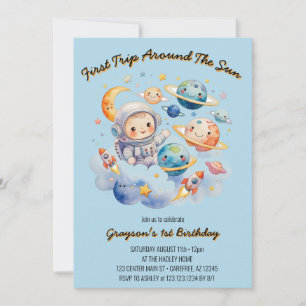 Outerspace Planets Blue First Birthday  Invitation