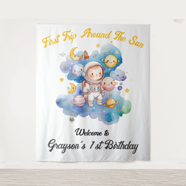 Outerspace Planets Blue First Birthday  Tapestry (Front)