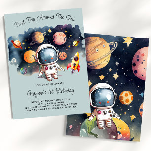 Outerspace Planets Dusty Blue First Birthday Invitation