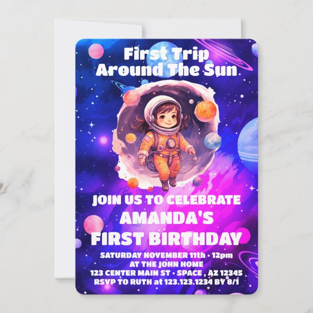 Outerspace Planets Pink Girl First Birthday Invitation (Front)