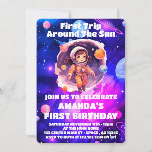 Outerspace Planets Pink Girl First Birthday Invitation