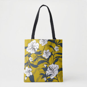Outline blooming flower Vintage illustration. Seam Tote Bag
